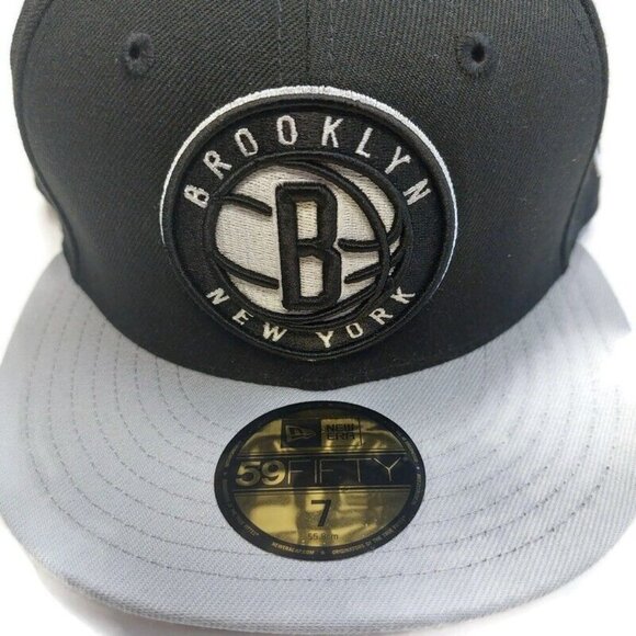59Fifty New Era Mens Size 7 NBA Brooklyn Nets Fitted Hat Cap Pennant Patch Black - Picture 2 of 7